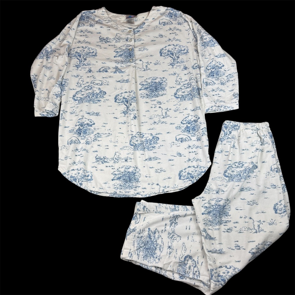 Disney Winnie the Pooh Pajama Set Womens M Blue White Toile Cotton 2pc Sleepwear